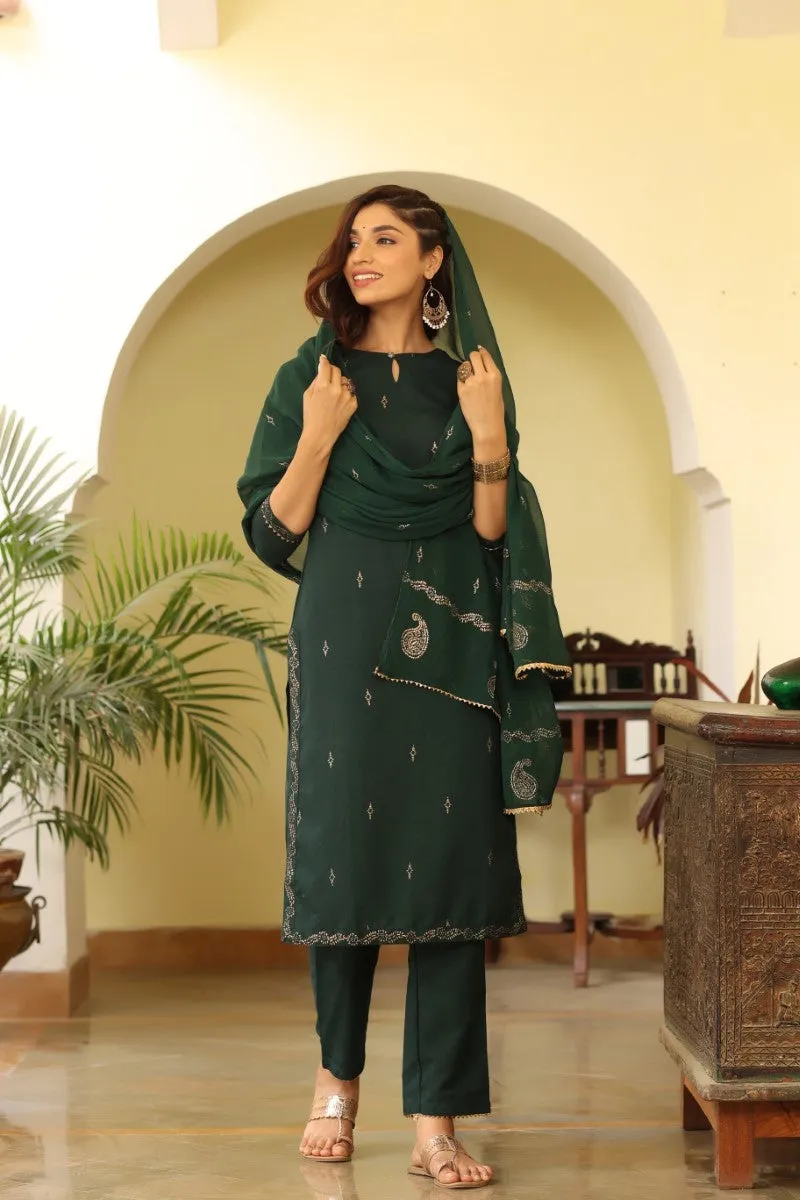 Green Poly Silk Straight Suit Set
