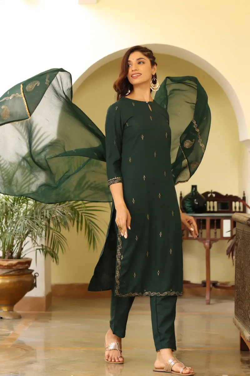 Green Poly Silk Straight Suit Set