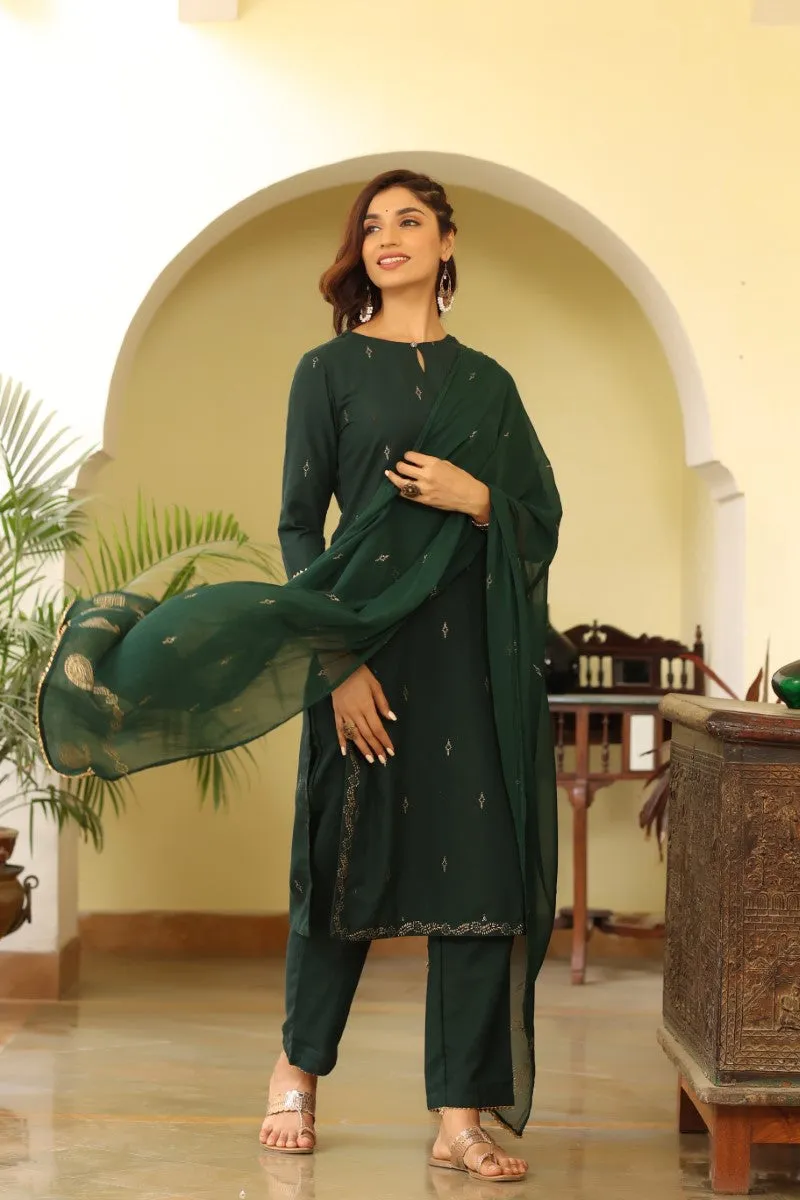 Green Poly Silk Straight Suit Set