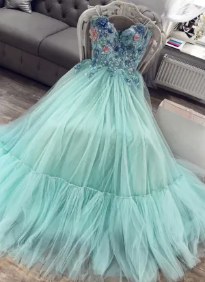 Green Sweetheart Tulle Lace Long Prom Dress Green Evening Dress