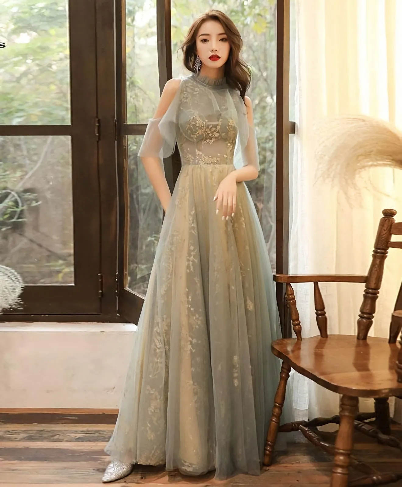 Green Tulle Hight Neck Tulle Lace Long Prom Dress Tulle Formal Dress