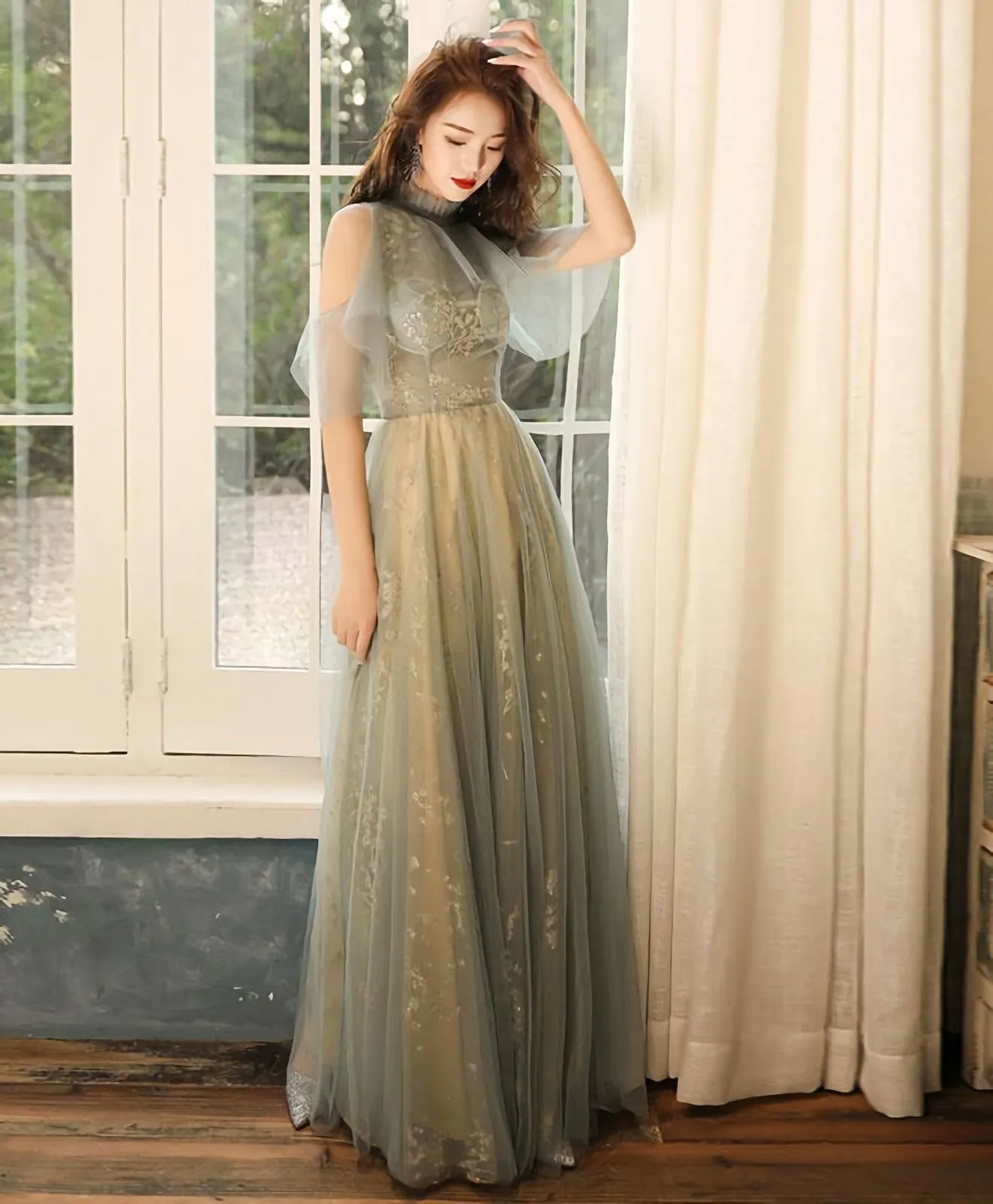 Green Tulle Hight Neck Tulle Lace Long Prom Dress Tulle Formal Dress