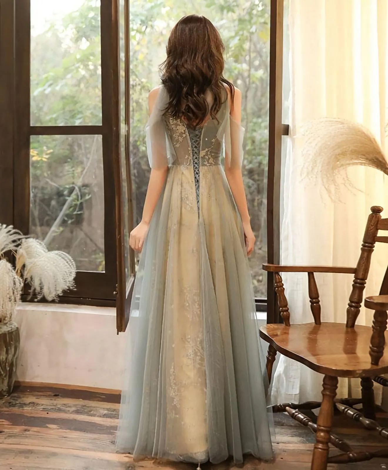 Green Tulle Hight Neck Tulle Lace Long Prom Dress Tulle Formal Dress