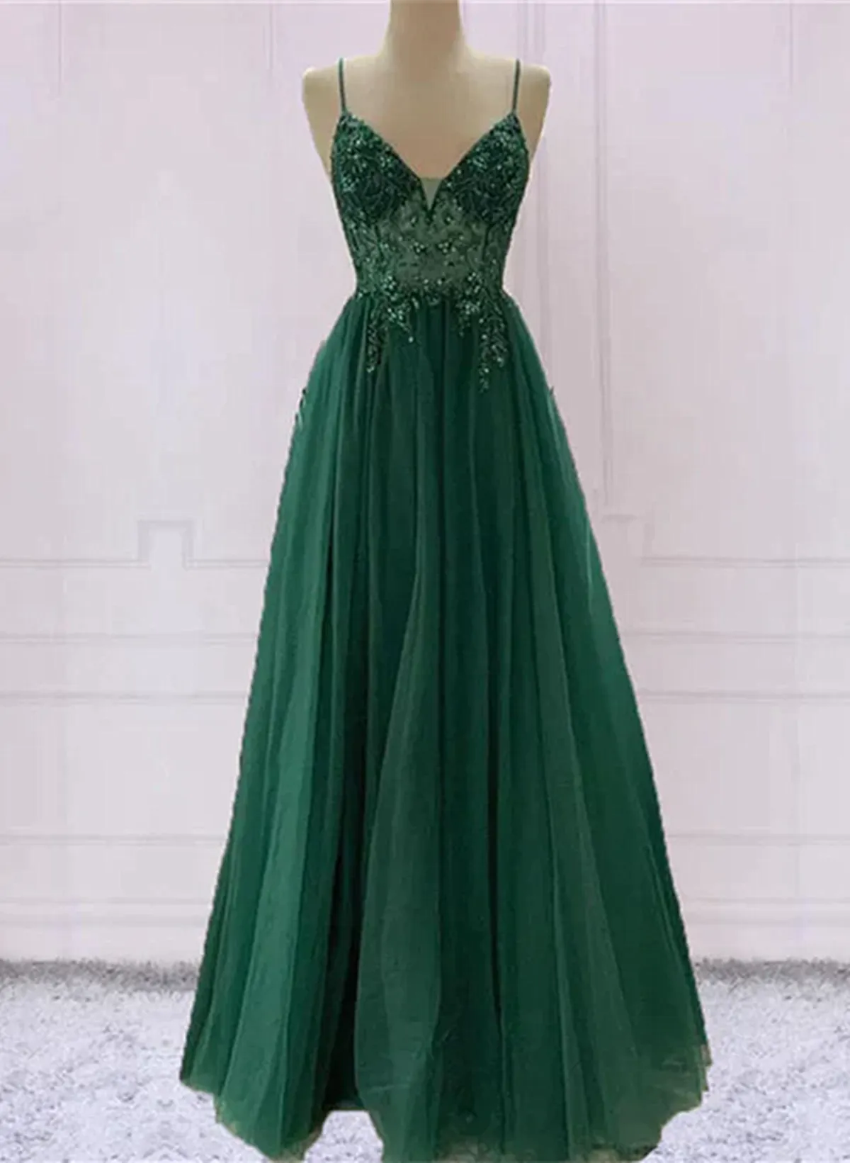 Green V-Neckline Beaded Tulle Floor Length Party Dress A-Line Green Prom Dress