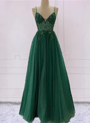 Green V-Neckline Beaded Tulle Floor Length Party Dress A-Line Green Prom Dress