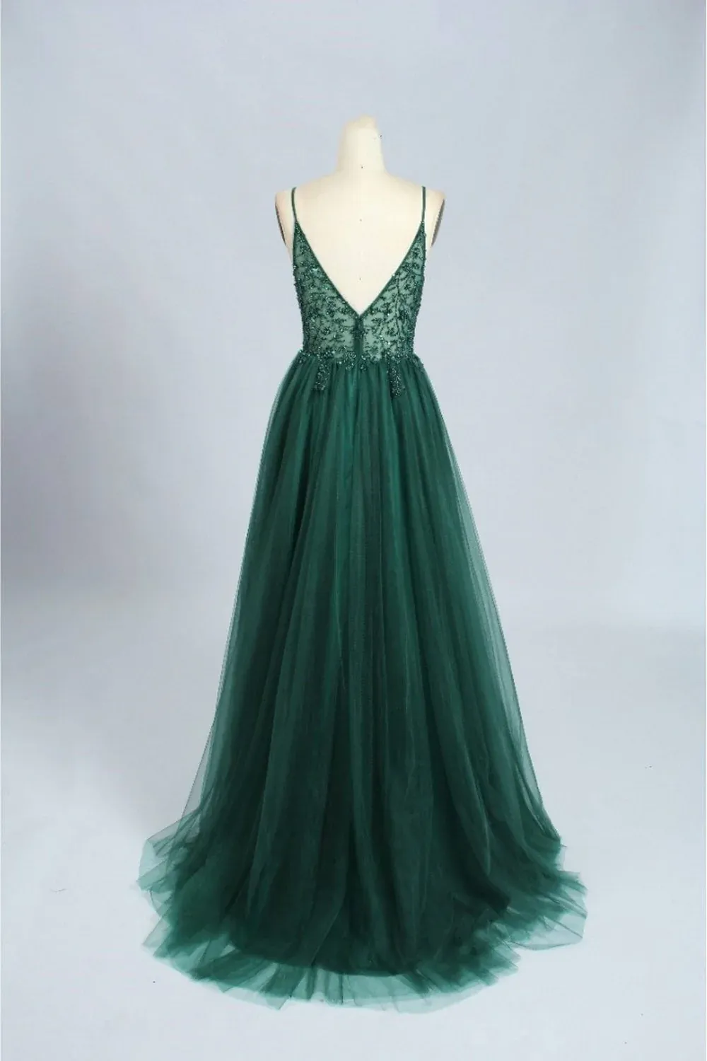 Green V-Neckline Beaded Tulle Floor Length Party Dress A-Line Green Prom Dress