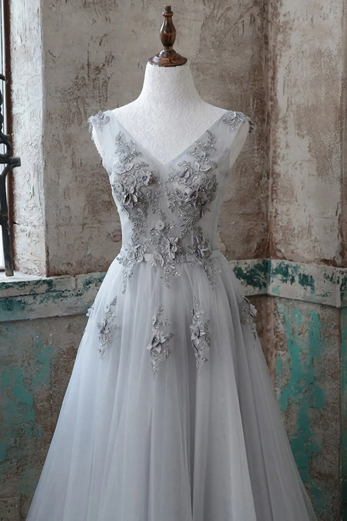 Grey V-Neckline Tulle With Lace Long Formal Dress Grey A-Line Prom Dress