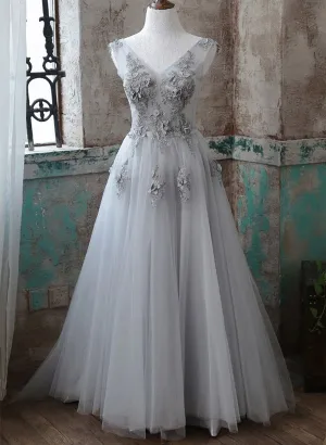Grey V-Neckline Tulle With Lace Long Formal Dress Grey A-Line Prom Dress