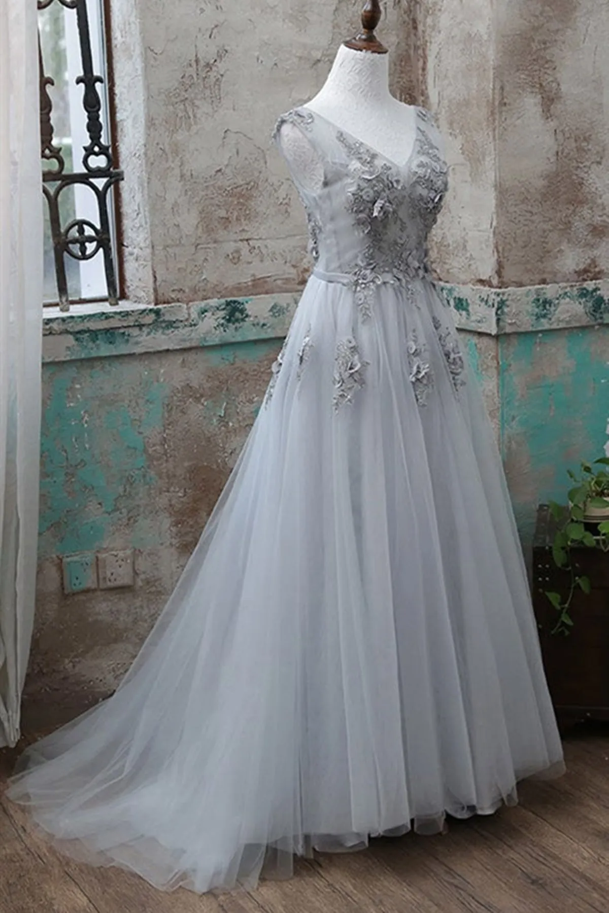 Grey V-Neckline Tulle With Lace Long Formal Dress Grey A-Line Prom Dress