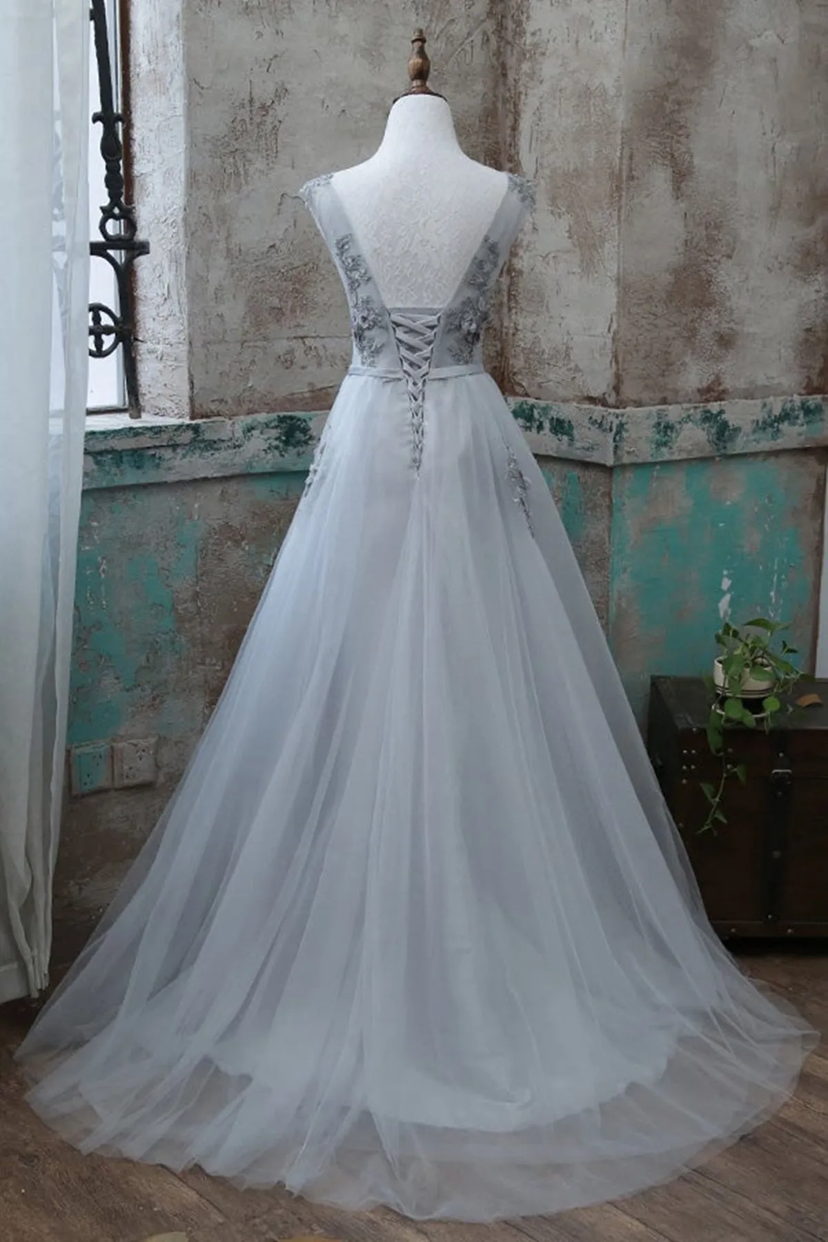 Grey V-Neckline Tulle With Lace Long Formal Dress Grey A-Line Prom Dress
