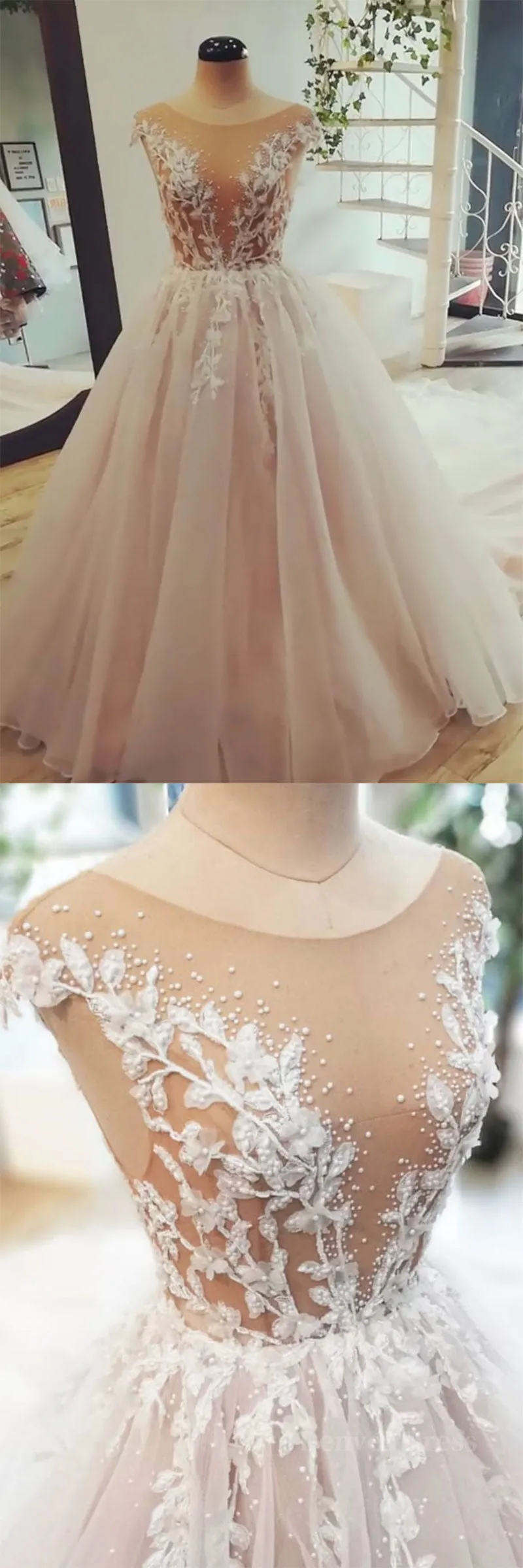 kamahe Champagne tulle lace long prom dress, tulle evening dress