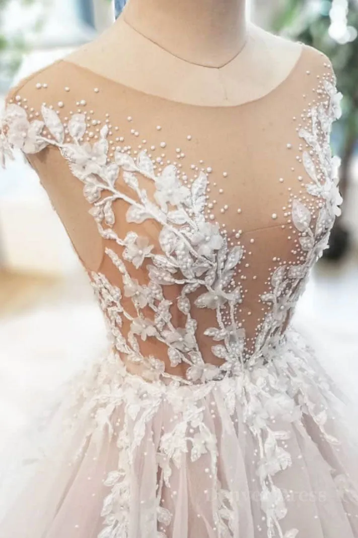 kamahe Champagne tulle lace long prom dress, tulle evening dress