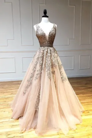 kamahe Champagne v neck tulle lace beads long prom dress tulle formal dress