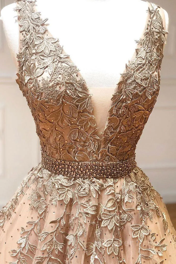 kamahe Champagne v neck tulle lace beads long prom dress tulle formal dress