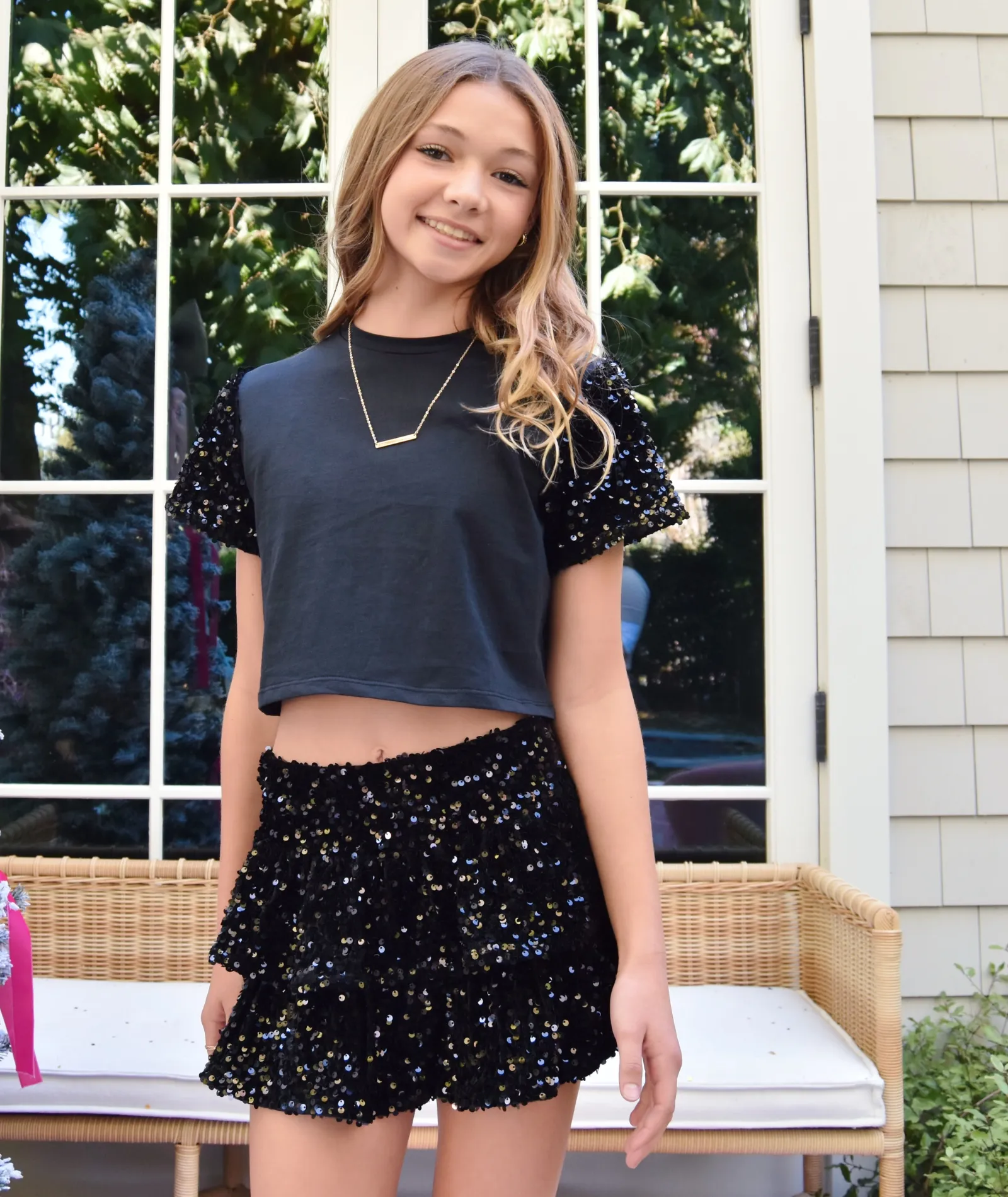 Katie J NYC Girls Black Sequin Misha Top