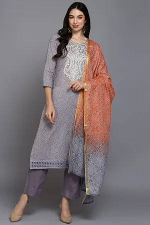 Lavender Cotton Bandhani Straight Suit Set