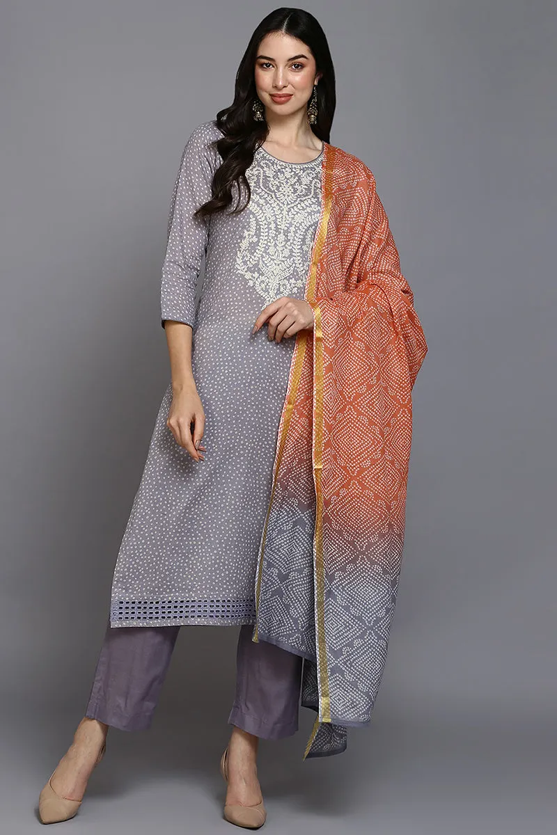 Lavender Cotton Bandhani Straight Suit Set