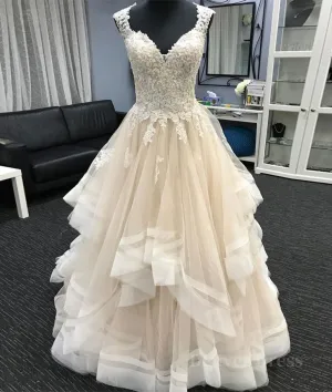 Light champagne lace tulle long wedding dress lace evening dress