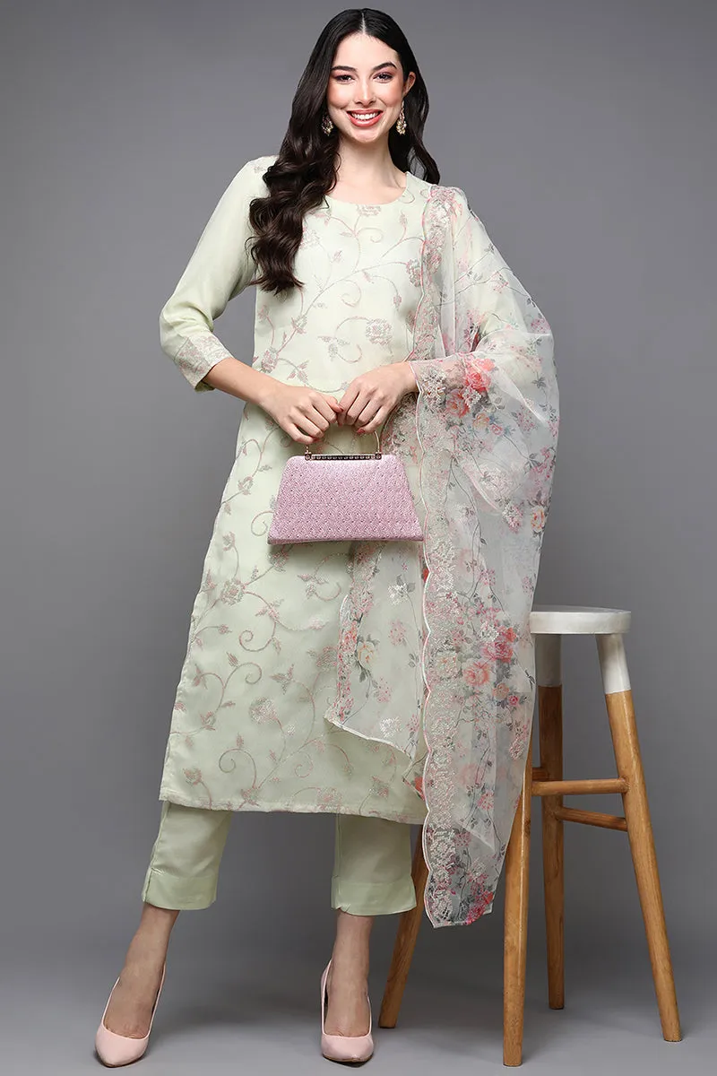 Lime Green Organza Floral Straight Suit Set