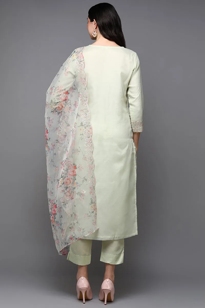 Lime Green Organza Floral Straight Suit Set