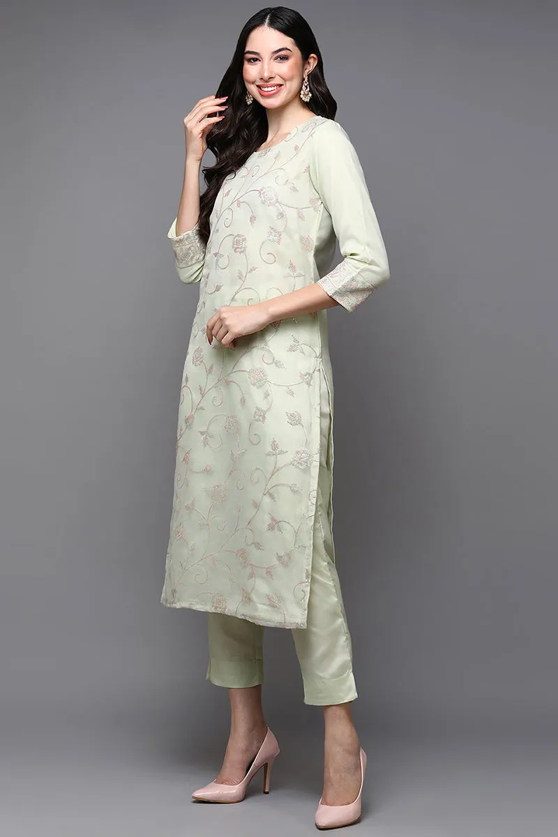 Lime Green Organza Floral Straight Suit Set