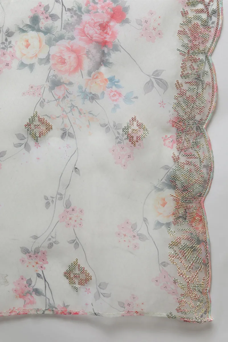 Lime Green Organza Floral Straight Suit Set