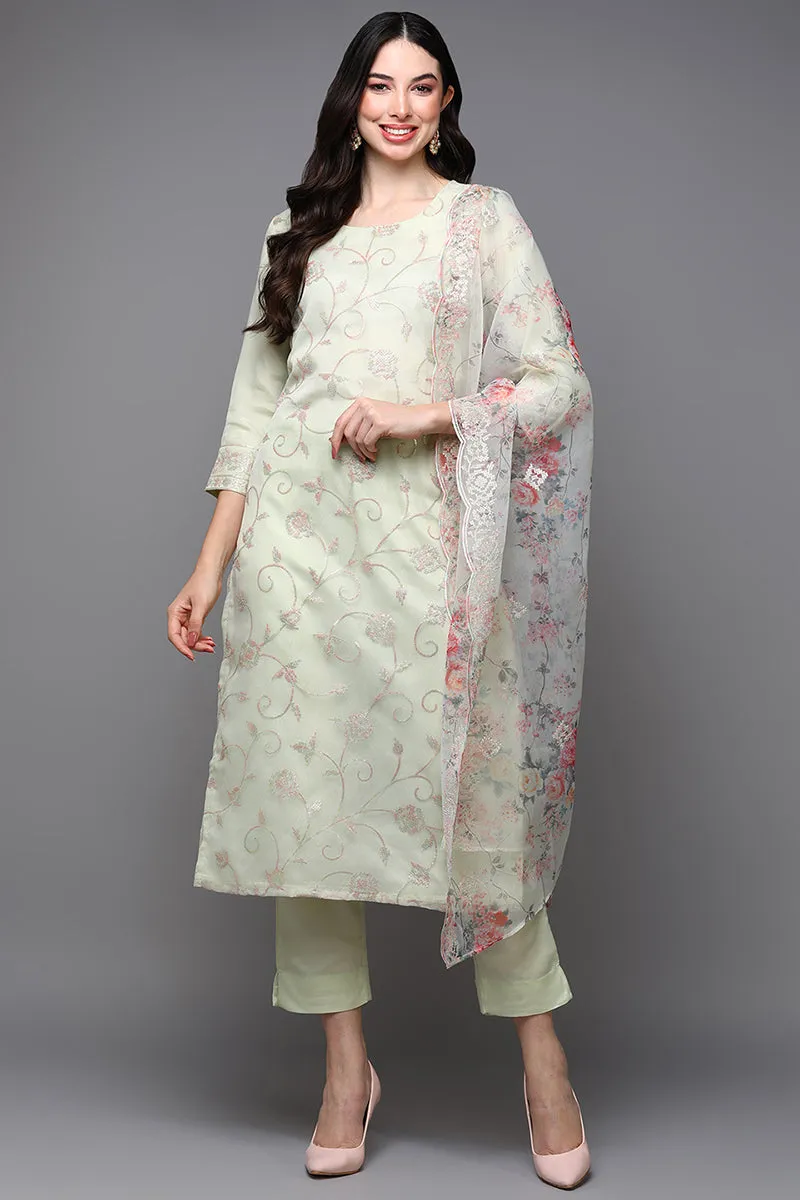 Lime Green Organza Floral Straight Suit Set