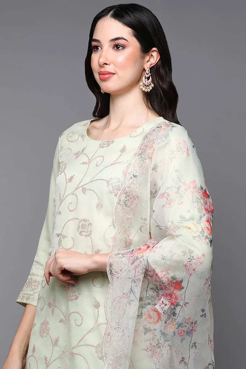 Lime Green Organza Floral Straight Suit Set