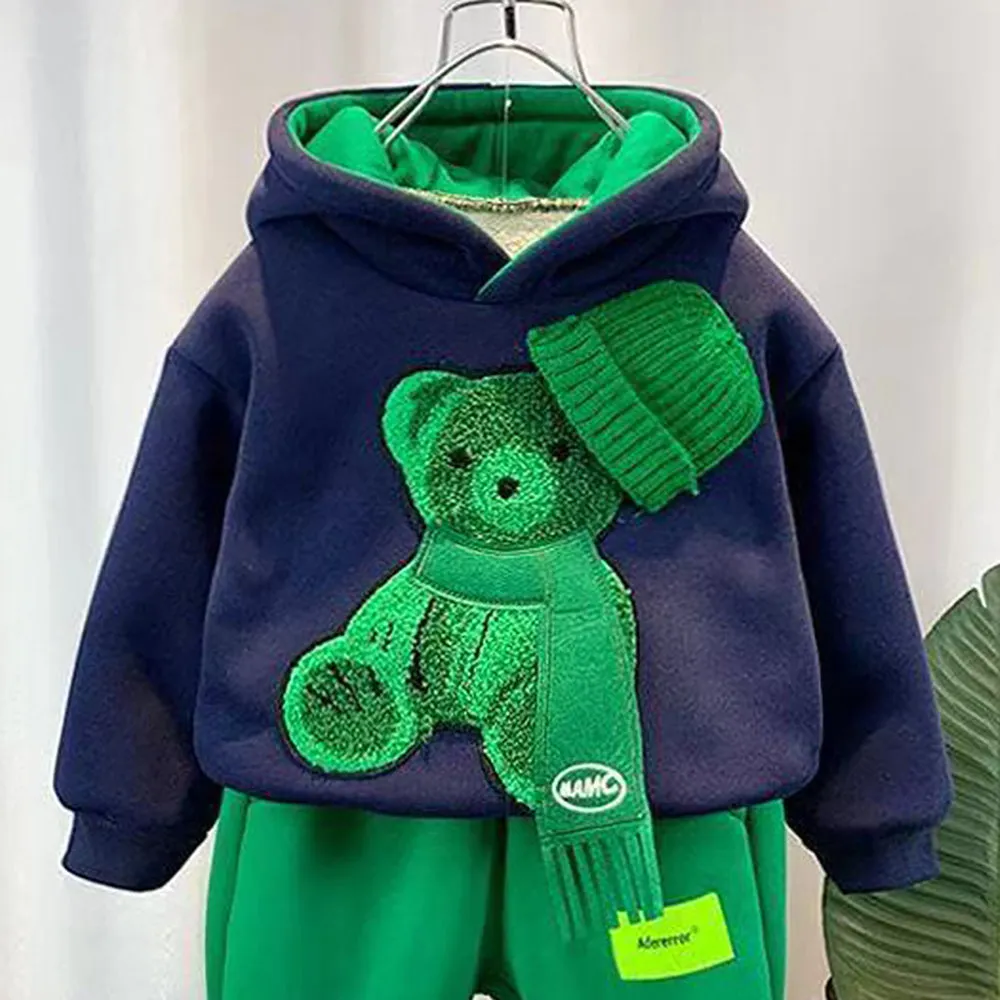 Little Surprise Box Navy & Green Muffler Teddy 2 piece Track Suit set for Kids