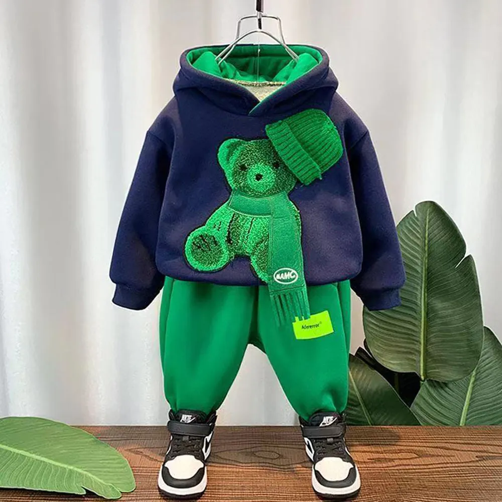 Little Surprise Box Navy & Green Muffler Teddy 2 piece Track Suit set for Kids