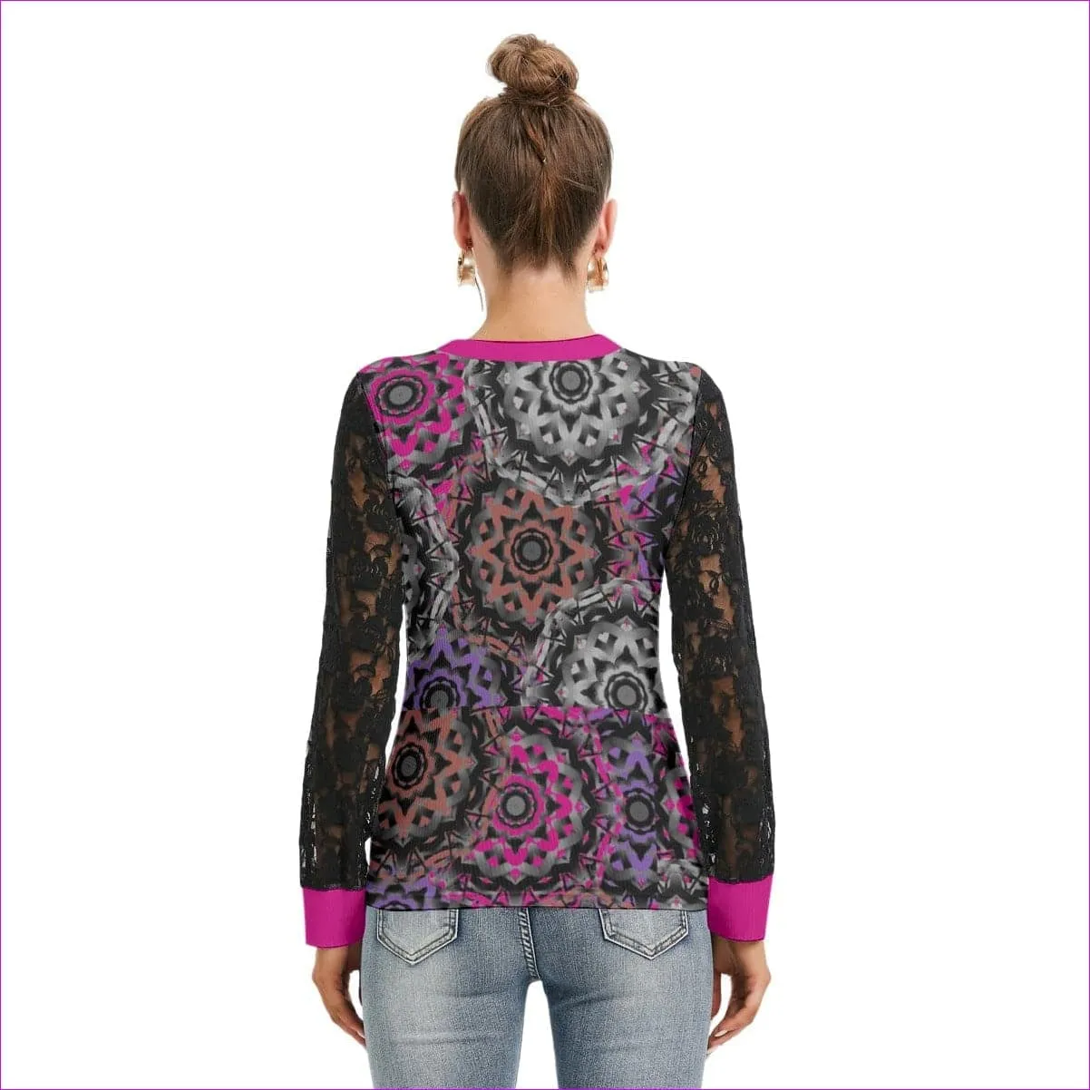 Mandala Graffiti Womens Top With Black Lace Sleeves