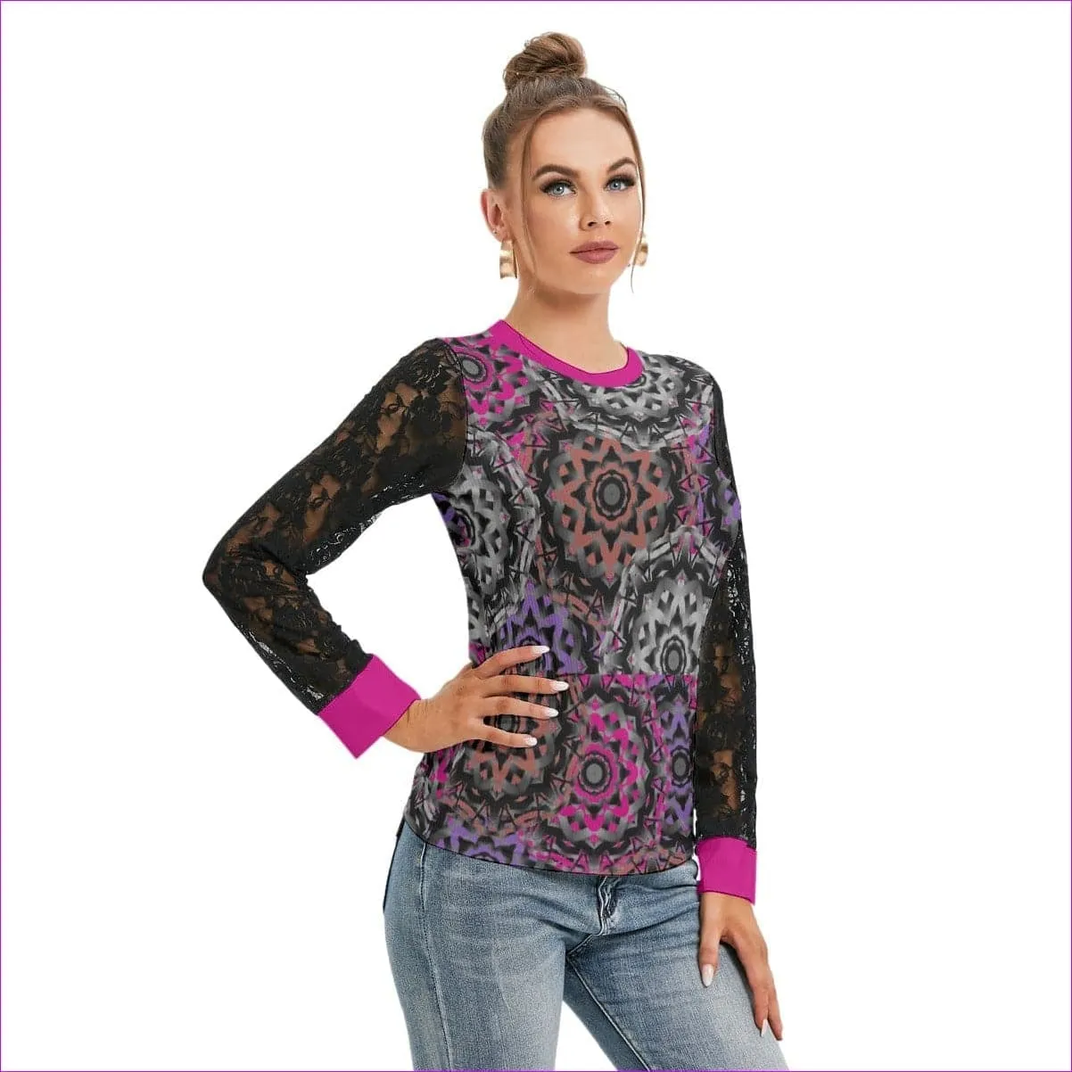 Mandala Graffiti Womens Top With Black Lace Sleeves