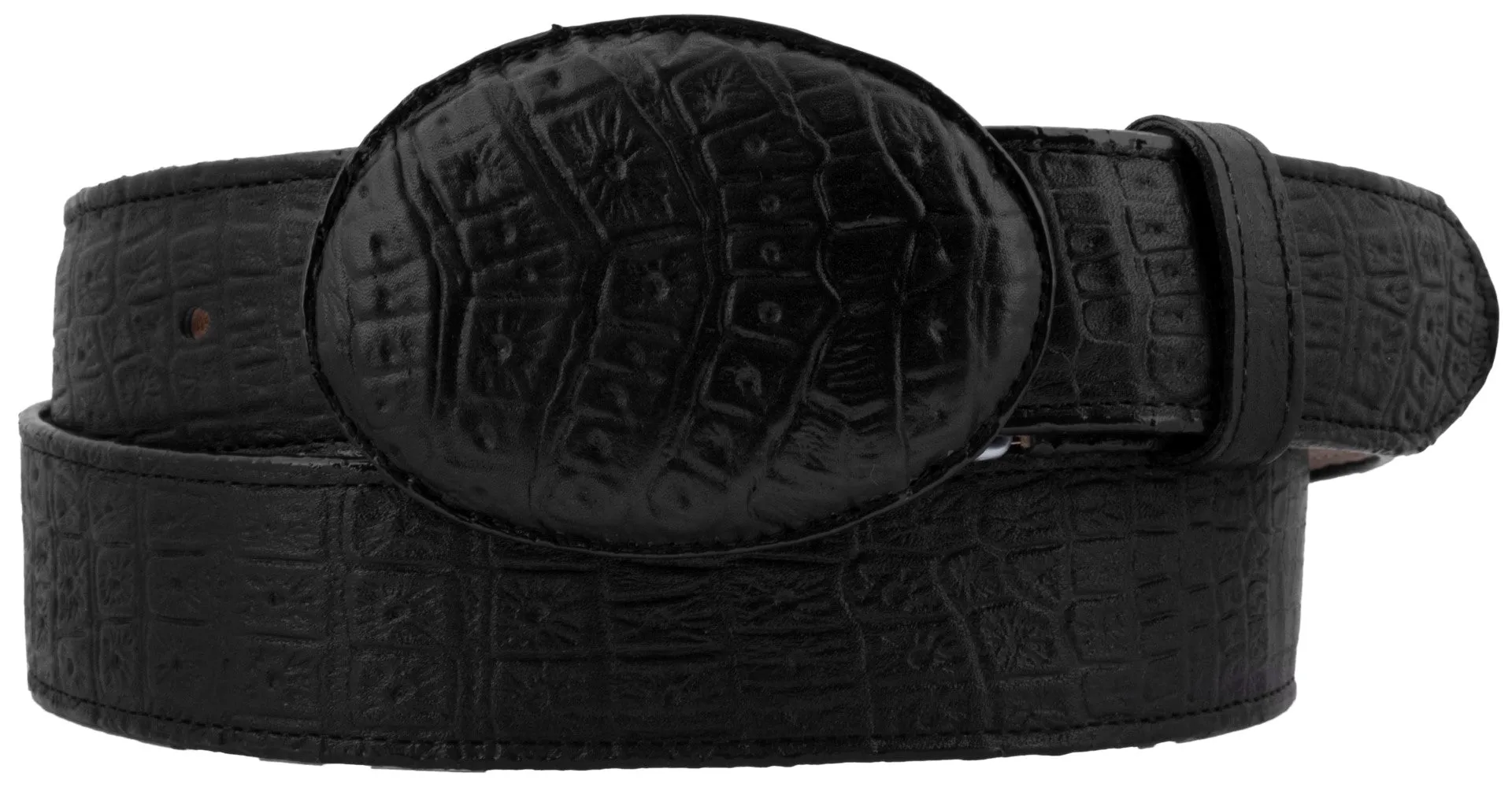 Men's Black Crocodile Belly Print Genuine Leather Belt Round Buckle