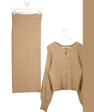 NA-KD 2-piece Brown Rib Knit Shoulder Pad Cardigan And Maxi Skirt set UK M