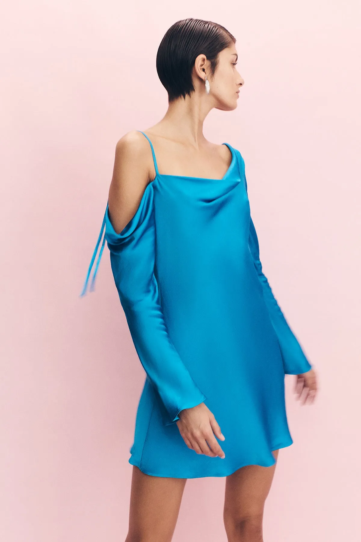 NORA ASYMMETRICAL LONG SLEEVE MINI DRESS - AQUA