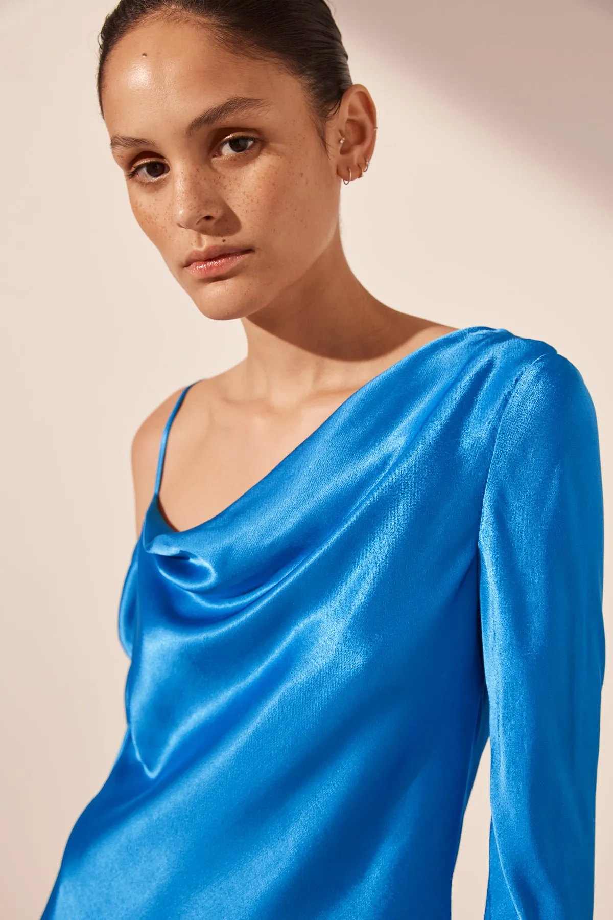 NORA ASYMMETRICAL LONG SLEEVE MINI DRESS - AQUA
