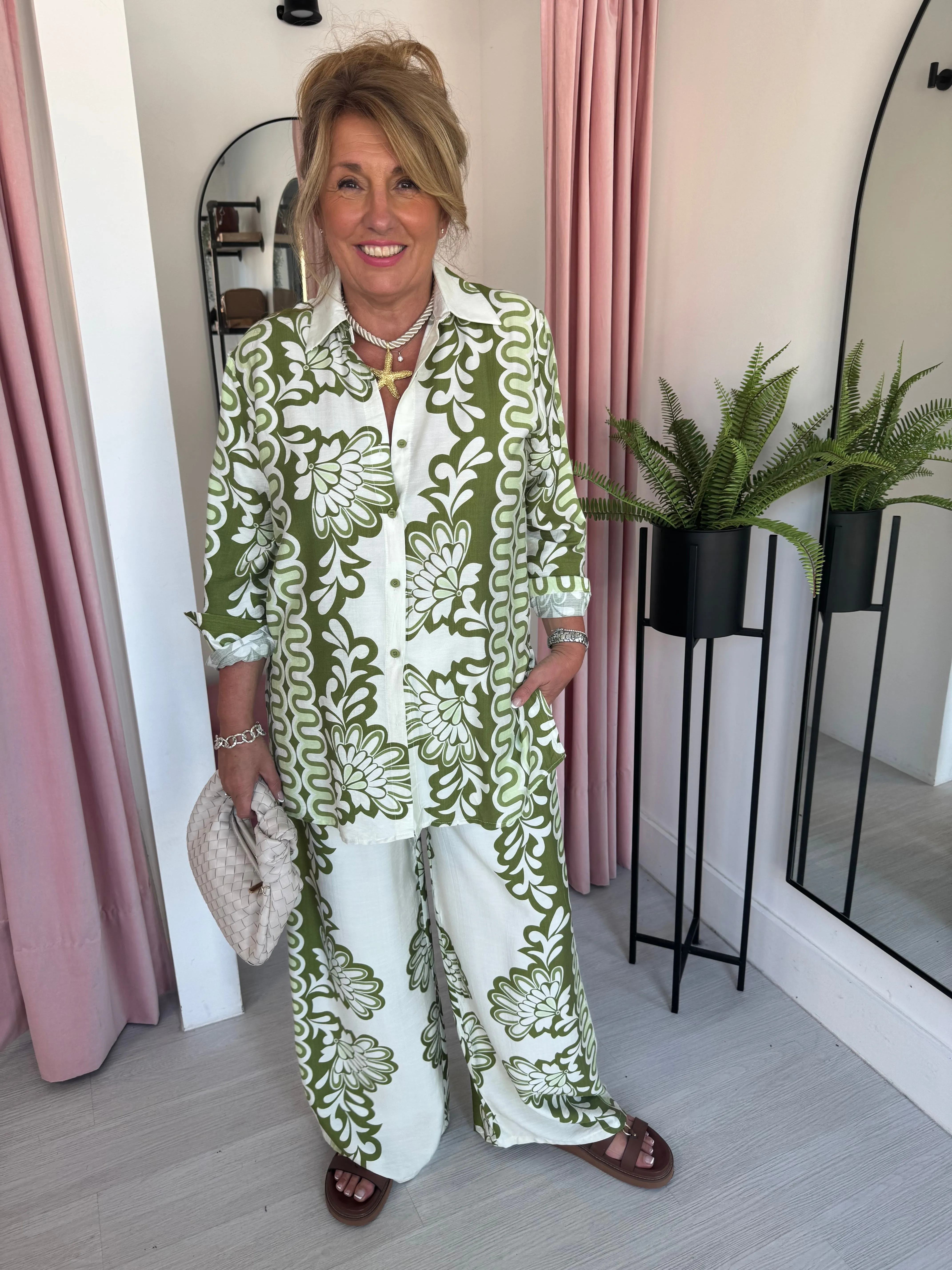 Patterned Shirt & Trouser Co-ord - Green & Biege