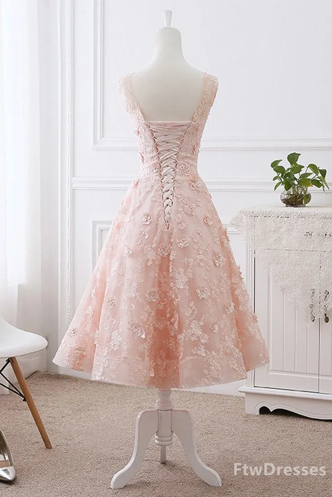 pink lace round neck tea length prom dress lace evening dress