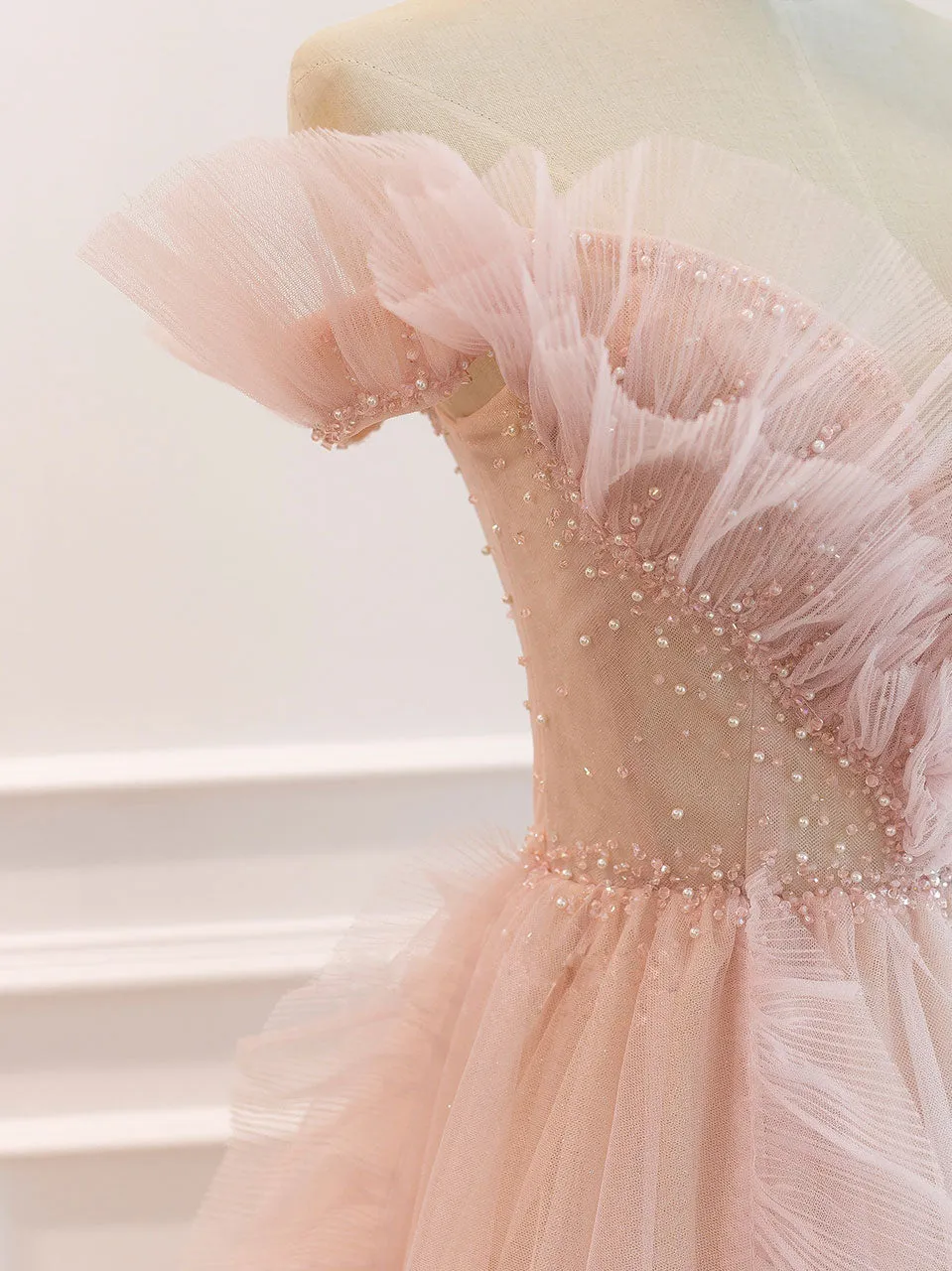 Pink Off Shoulder Tulle Long Prom Dress Pink A line Tulle Graduation Dress