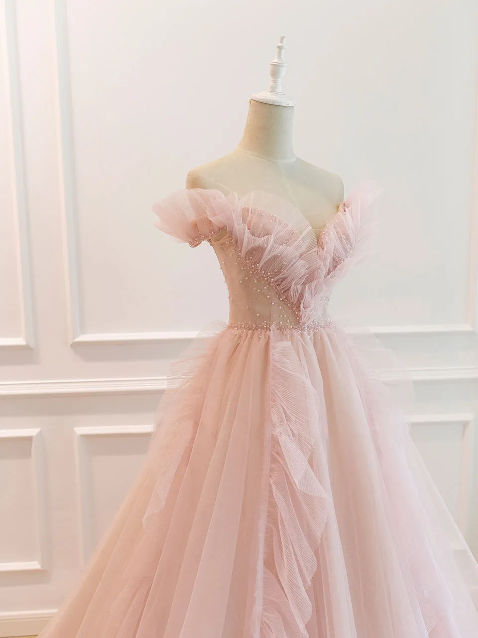 Pink Off Shoulder Tulle Long Prom Dress Pink A line Tulle Graduation Dress