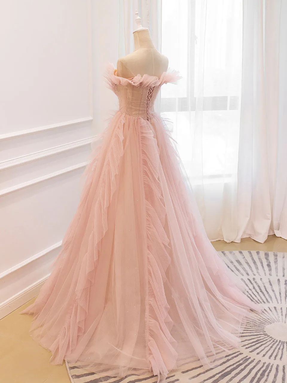 Pink Off Shoulder Tulle Long Prom Dress Pink A line Tulle Graduation Dress