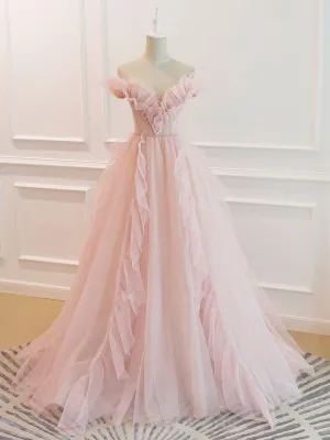 Pink Off Shoulder Tulle Long Prom Dress Pink A line Tulle Graduation Dress