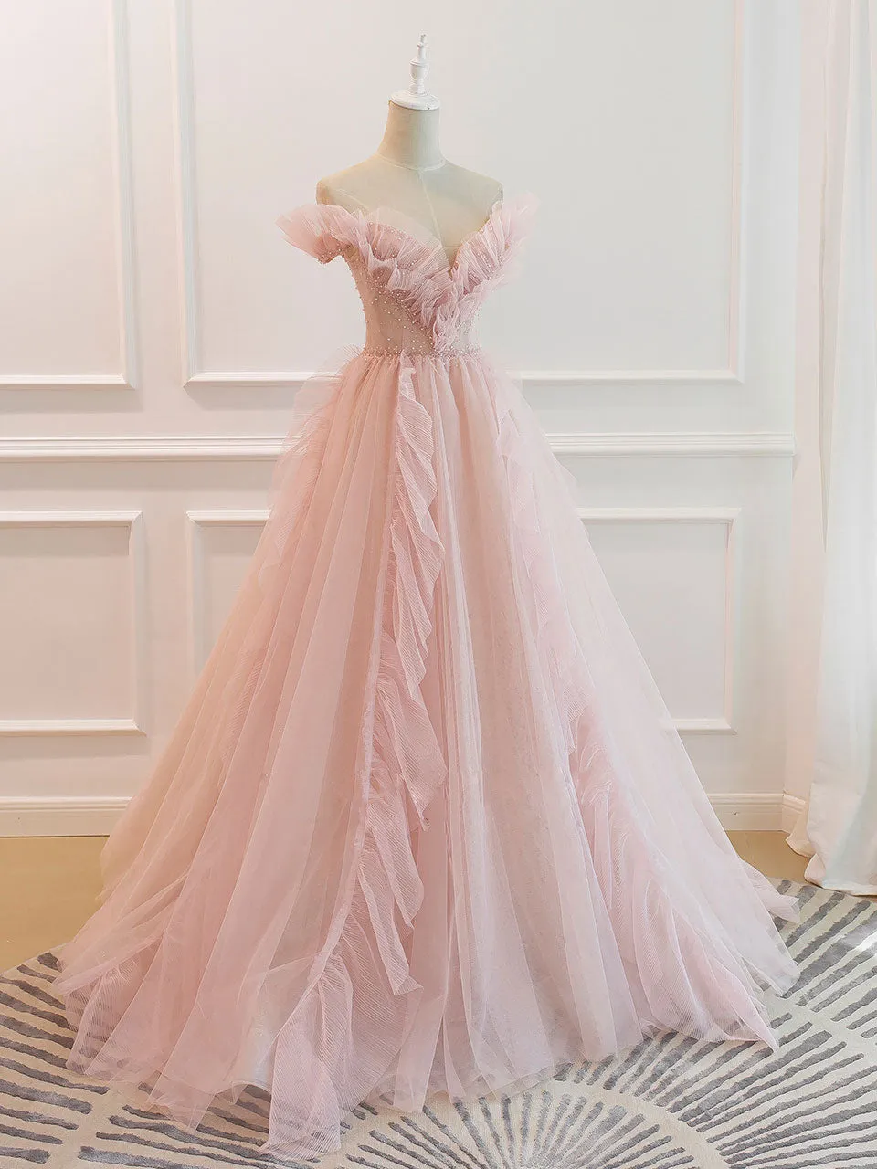 Pink Off Shoulder Tulle Long Prom Dress Pink A line Tulle Graduation Dress