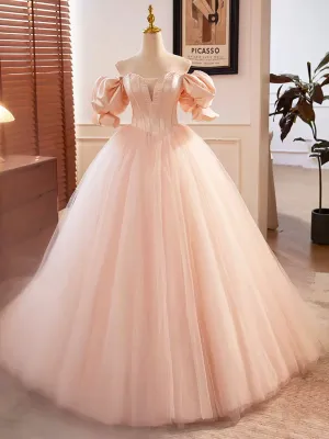 Pink Sweetheart Neck Corset Tulle Prom Dress A-Line Off the Shoulder Sweet 16 Dress