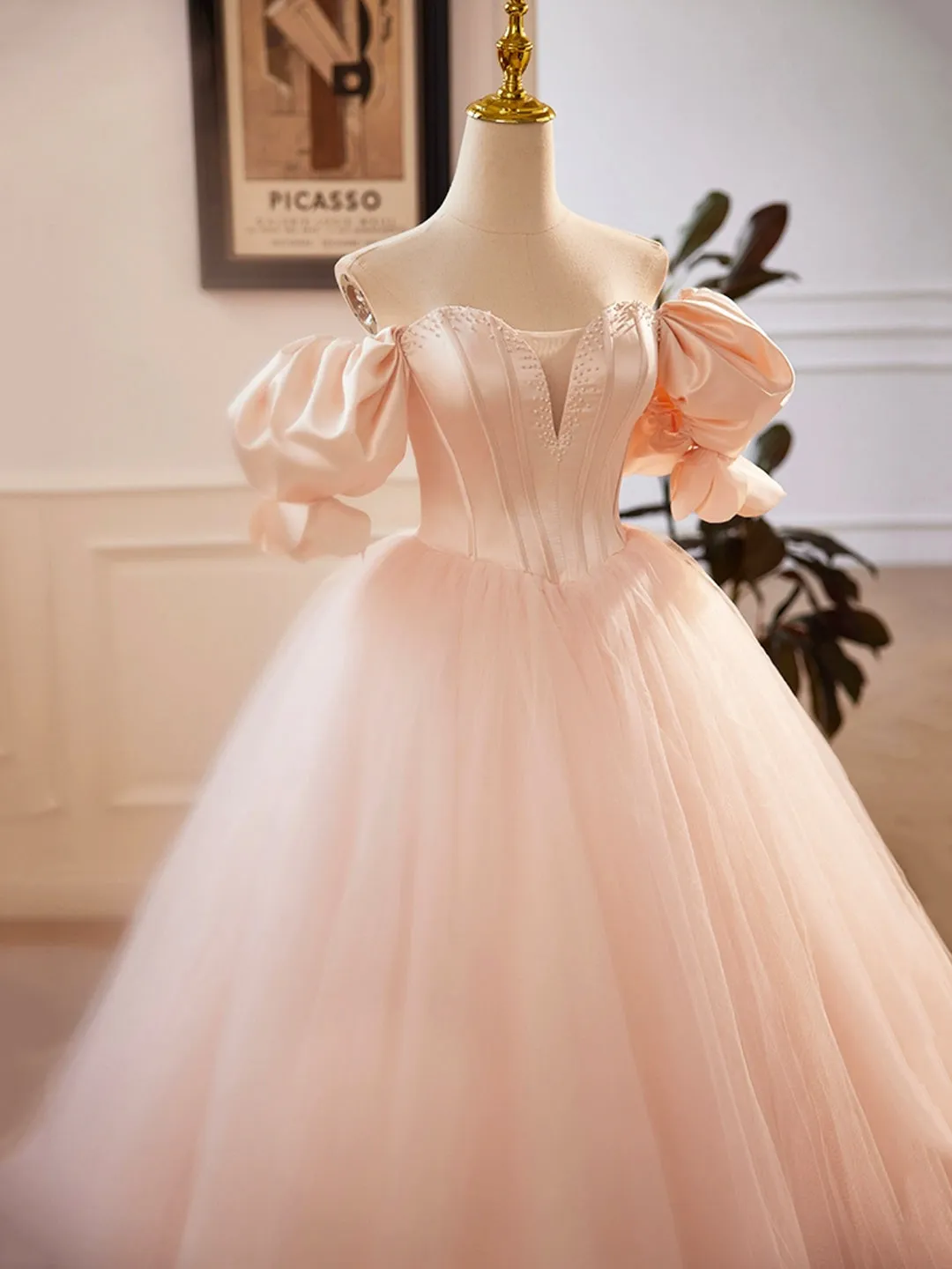 Pink Sweetheart Neck Corset Tulle Prom Dress A-Line Off the Shoulder Sweet 16 Dress