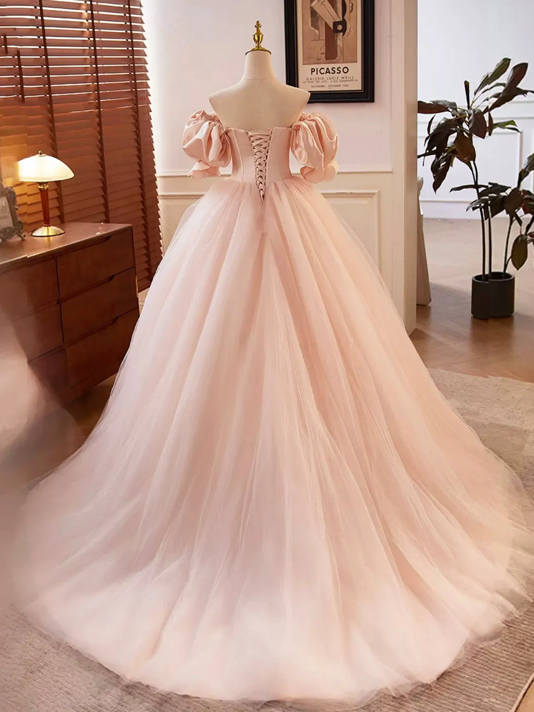 Pink Sweetheart Neck Corset Tulle Prom Dress A-Line Off the Shoulder Sweet 16 Dress