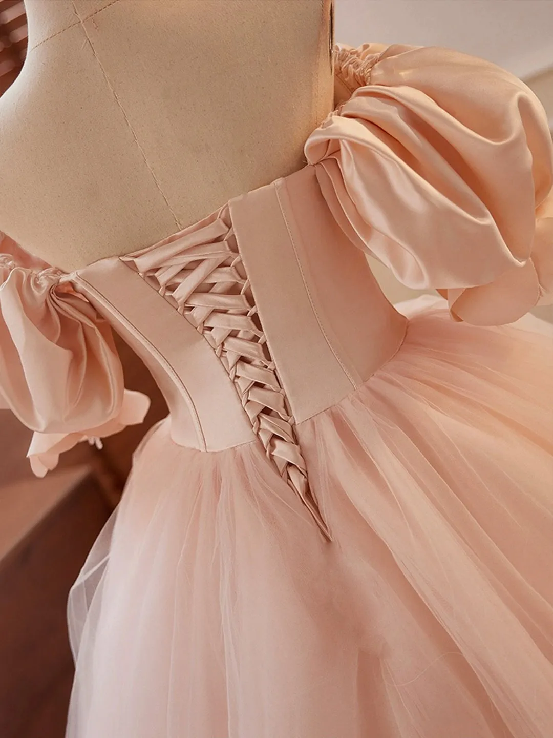 Pink Sweetheart Neck Corset Tulle Prom Dress A-Line Off the Shoulder Sweet 16 Dress