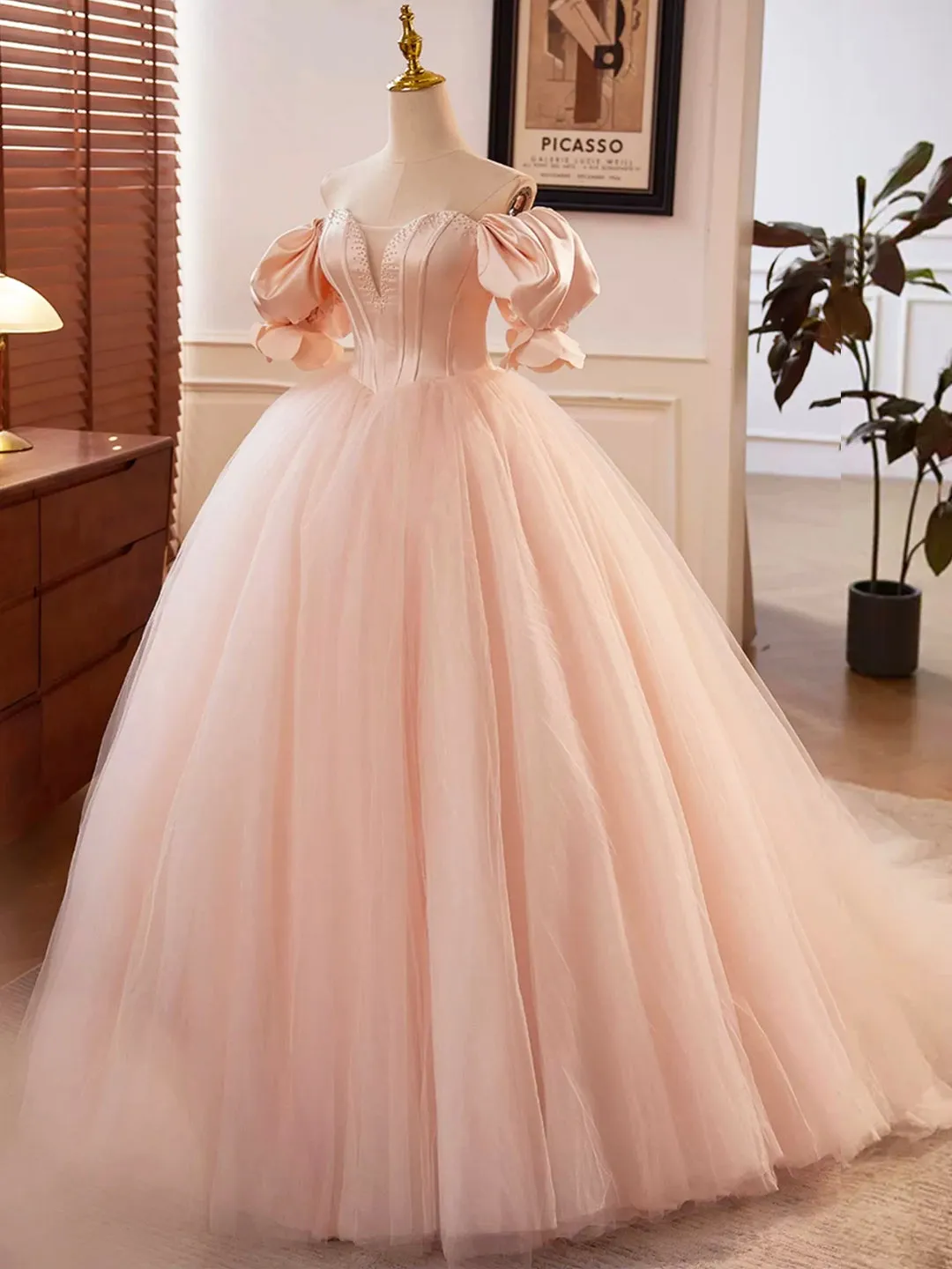 Pink Sweetheart Neck Corset Tulle Prom Dress A-Line Off the Shoulder Sweet 16 Dress