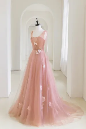 Pink Tulle Applique Long Evening Dress A-Line Junior Prom Dress