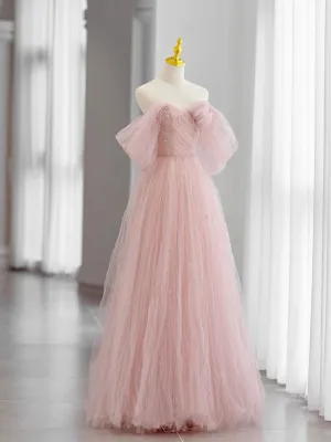 Pink Tulle Long Prom Dress Beautiful A-Line Off Shoulder Evening Dress